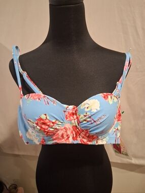 Betsey Johnson Blue Floral Bikini Top with Coral Roses